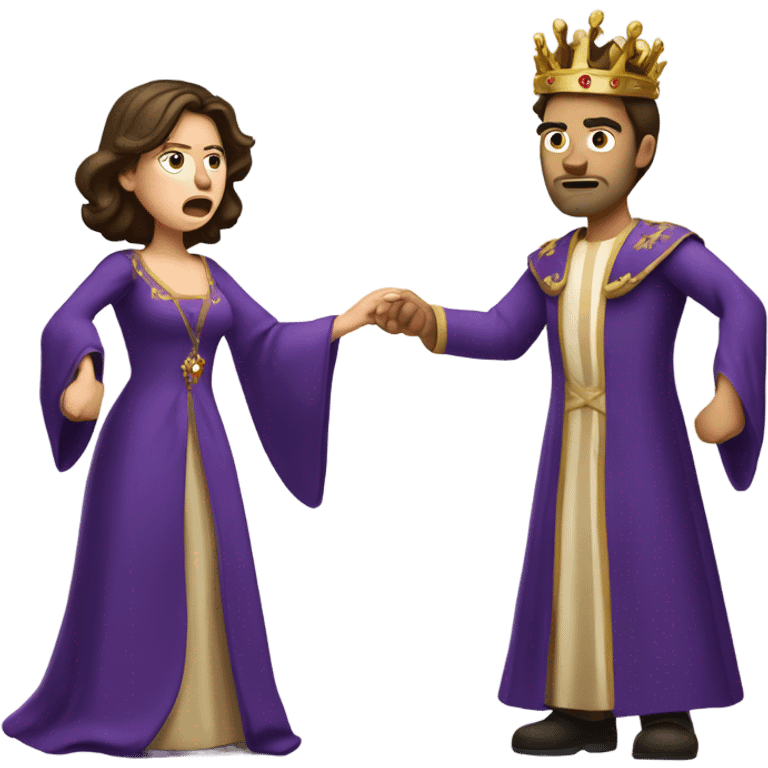 Caucasian long brunette woman wearing formal royal purple robes and a crown whose face shows anger and disgust to the man she adores  emoji