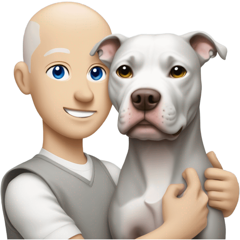 white bald man with blue eyes hugging grey no white pit bull emoji