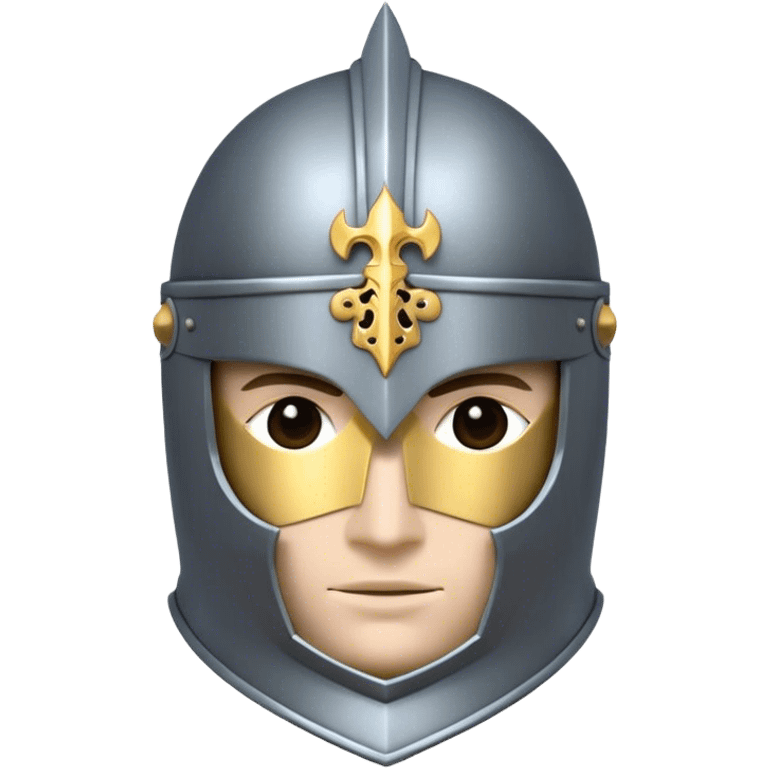 Clash of Clans aesthetic: Cinematic heroic Armored Knight Hero close up Emoji, rendered in a 3D vector-style similar to standard emojis with minimal shading and bold, simplified shapes. A compact, isometric warrior clad in gleaming plate armor with intricate heraldic details, softly glowing with a chivalrous medieval charm. Simplified yet unmistakably iconic, highly detailed and consistent, glowing with a soft radiant shine and high polish. Stylized with a touch of noble valor and a soft glowing outline, wearing a full face helm so that no face is visible with only eyes visible, capturing the essence of a gallant knight ready for honorable battle with a friendly, playful manner! emoji