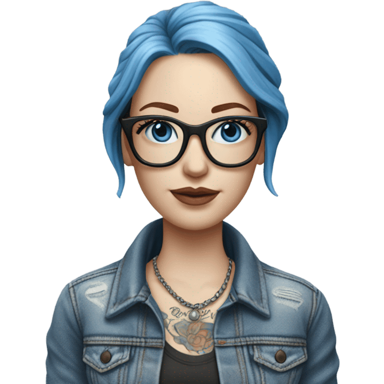 Create a Hyper Realistic pale beautiful tattooed 3D woman with glasses and blue eyes wearing denim jacket emoji