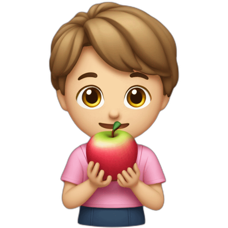 Un niño con una falda rosa y comiendo una manzana rosa emoji