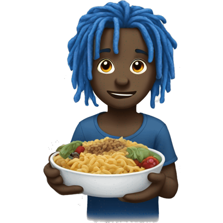 black boy with blue dreadlocs eating emoji