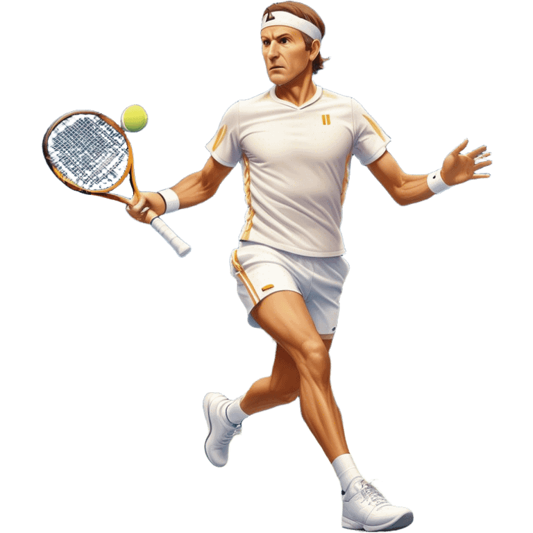 Cinematic Realistic portrait of Goran Ivanišević, depicted as an iconic tennis player in dynamic motion with detailed athletic gear and intense focus, illuminated by bold stadium lighting that accentuates his competitive spirit. emoji