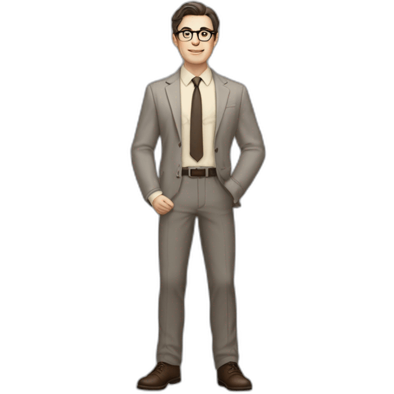 Full height Pale skinned Fit Man With dark brown hair in gray jacket, beige office shirt, tie, Brown pants and vintage glasses. Thrumbs of his palms directed up emoji