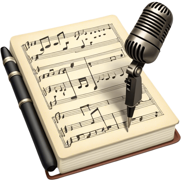 Create an emoji representing songwriting. The design should feature an open notebook or sheet music with visible lyrics and musical notes, symbolizing the process of writing song lyrics. A pen or pencil should be placed near the notebook, indicating active writing. Optionally, include a vintage microphone or a quill to add a creative touch. Use a harmonious color palette with warm and neutral tones. Do not include any emojis or smiley faces. Make the background transparent. emoji