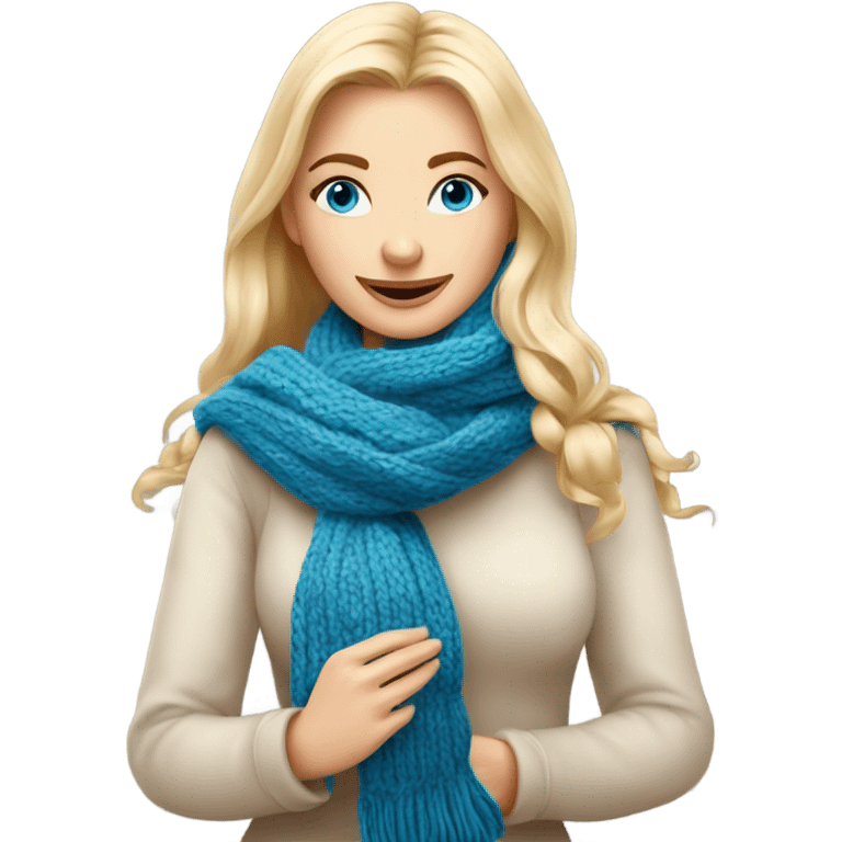 beautiful finnish blonde woman with blue eyes knitting scarf with flowers emoji