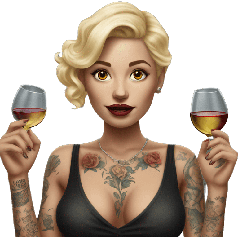 Blonde elegant women, her Body Covered with Tattoos, Wine in her ONE Hand, POINTING FORWARD with her OTHER HAND , Hyper realistic emoji