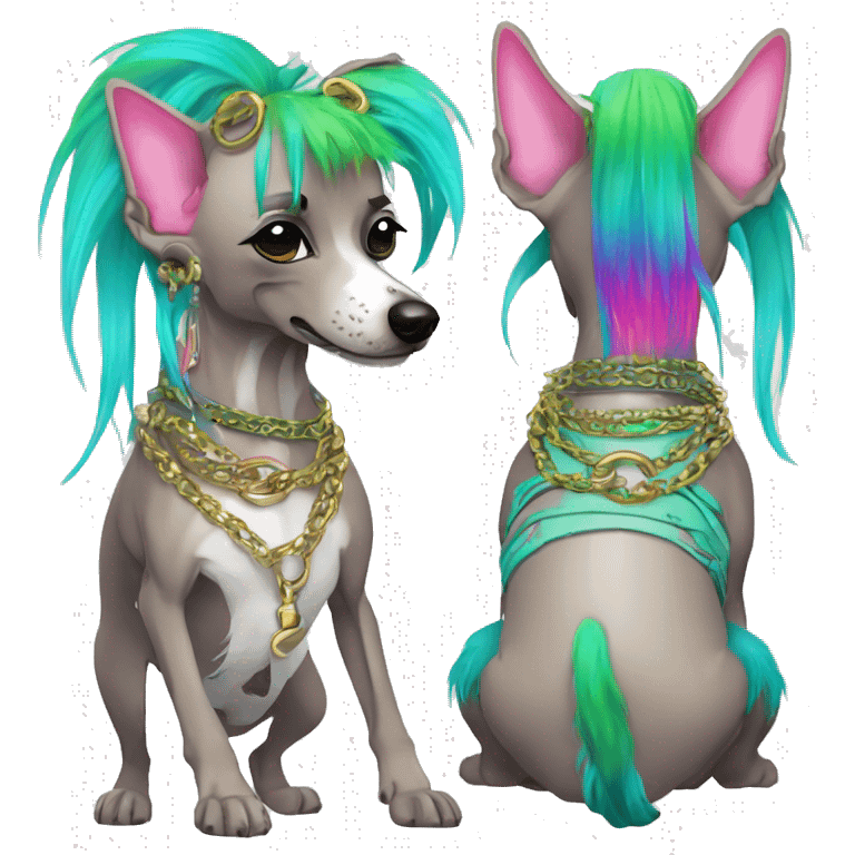 Punk Chinese crested dog neon rainbow cyan green pink hair gold chain punk piercings tattoos punk ear piercings emoji