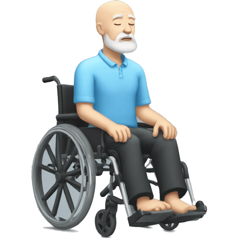 a sleeping bald old man with white beard, black shorts, light-blue shirt, on a wheelchair emoji