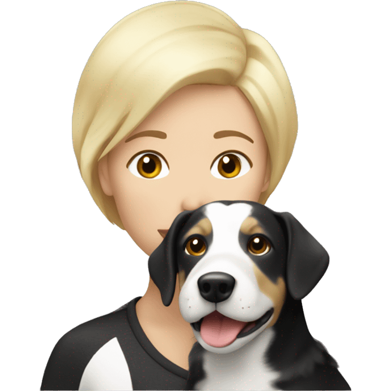 lesbian woman with short blonde hair kissing a black and white épagneul breton dog emoji