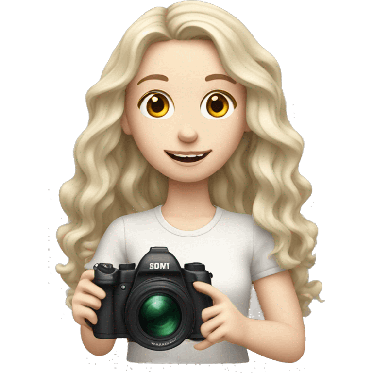 pale girl with long wavy hair holding camera emoji