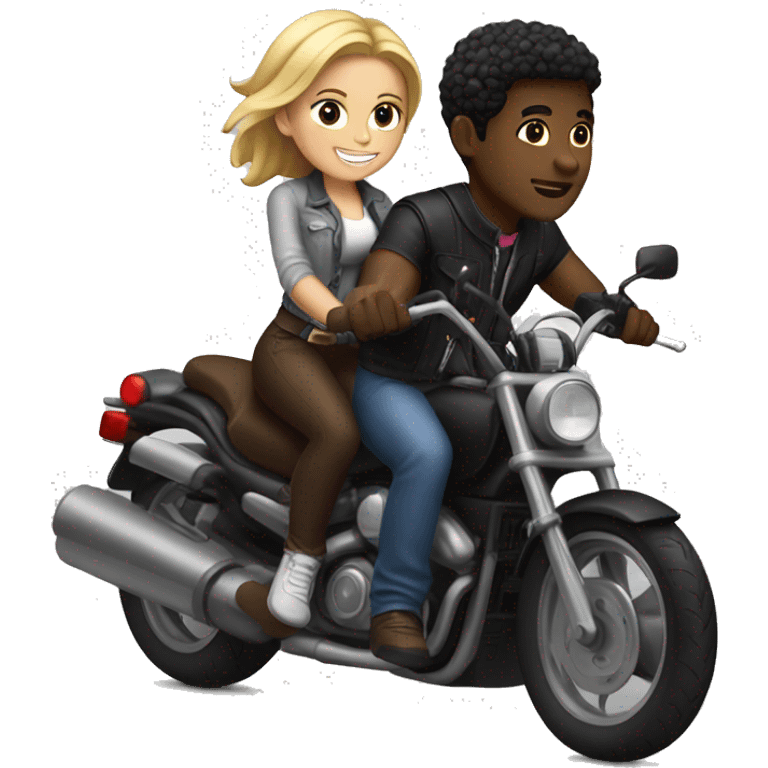 Black guy with brown hair riding motorcycle with bkack girl with blonde girl on the back emoji