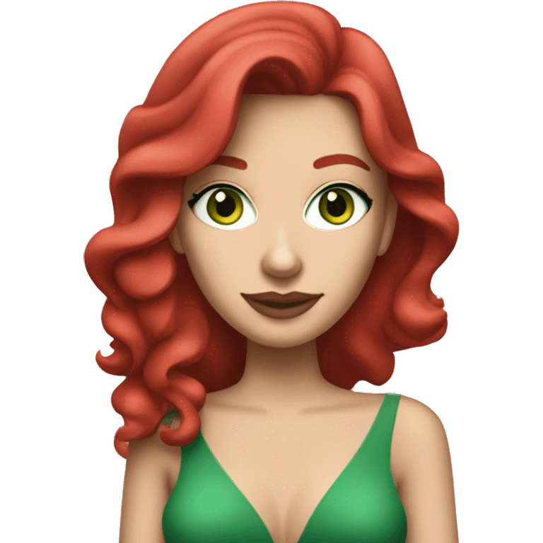 White caucasian woman in her 20s with red layered hair green eyes freckles wearing a red dress and holding a pink martini glass emoji