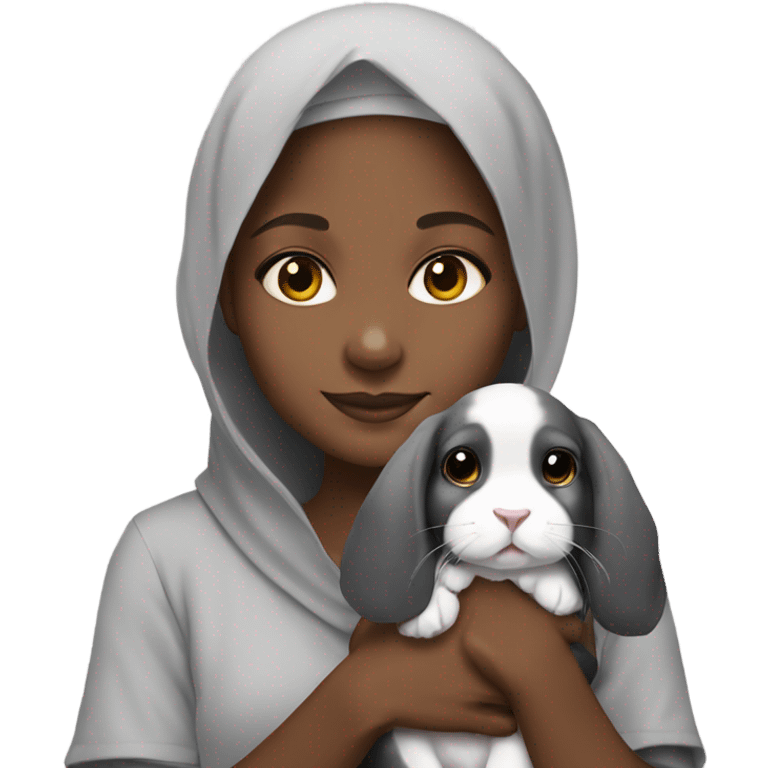 Black Muslim girl holding her 3 cute gray holland lop emoji