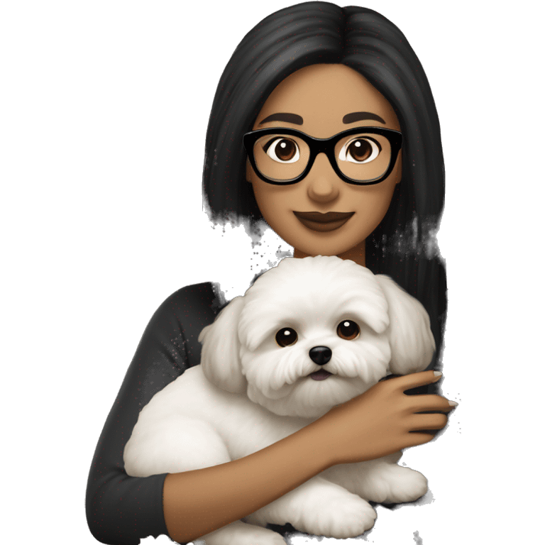 Tan skinned woman with black straight hair and black glasses holding white MaltiPoo dog emoji