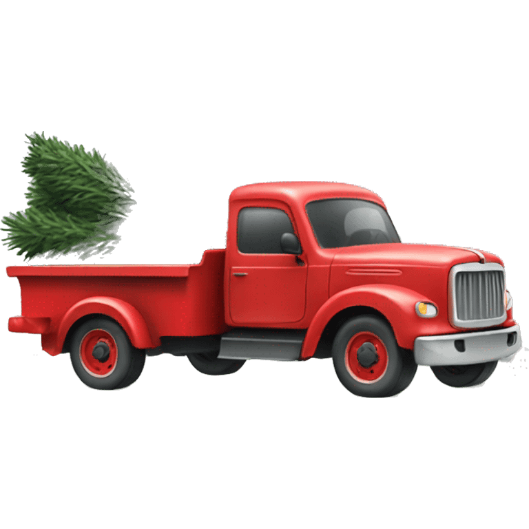 A little red truck hauling a Christmas tree emoji