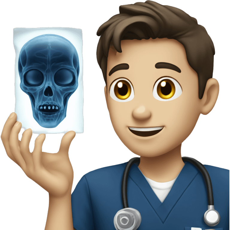 Brunette boy in navy scrubs looking at an alien X-ray  emoji