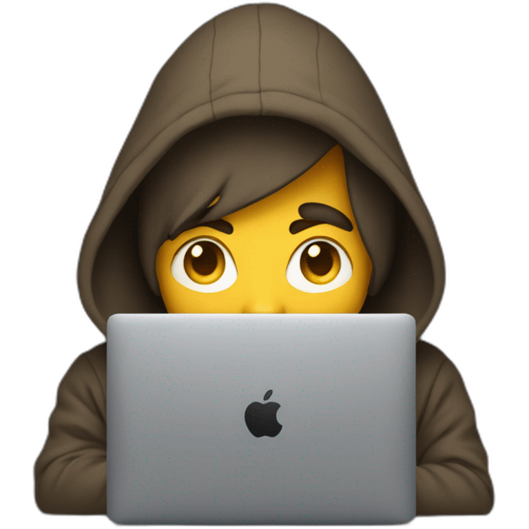 Man wearing a hoodie (face dont visible) and codes on laptop (macbook or surface) emoji