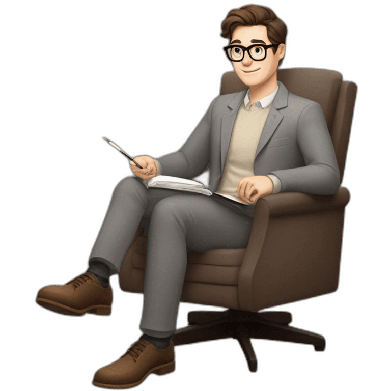 Pale skinned Fit Man With dark brown hair in gray jacket, beige office shirt, Brown pants and vintage glasses sitting In a soft chair with a notebook on spring with emblem Ψ and a pen emoji