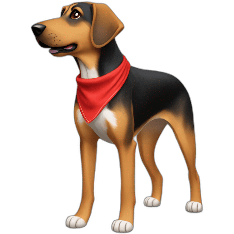 75% Coonhound 25% German Shepherd mix dog wearing small plain red bandana side view full body in profile left facing emoji