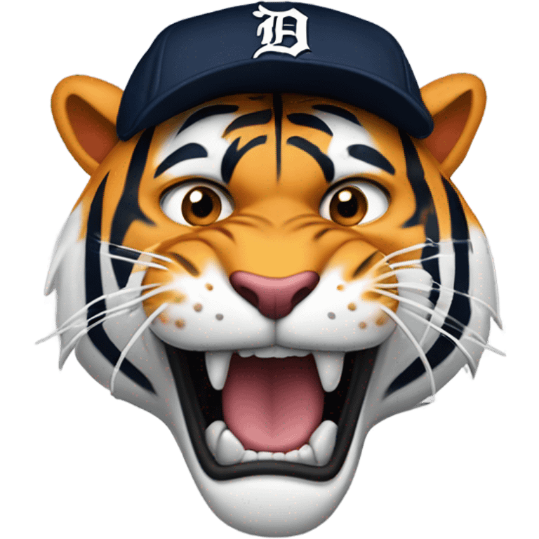 A feoscious tiger wearing a Detroit tigers baseball cap roaring emoji