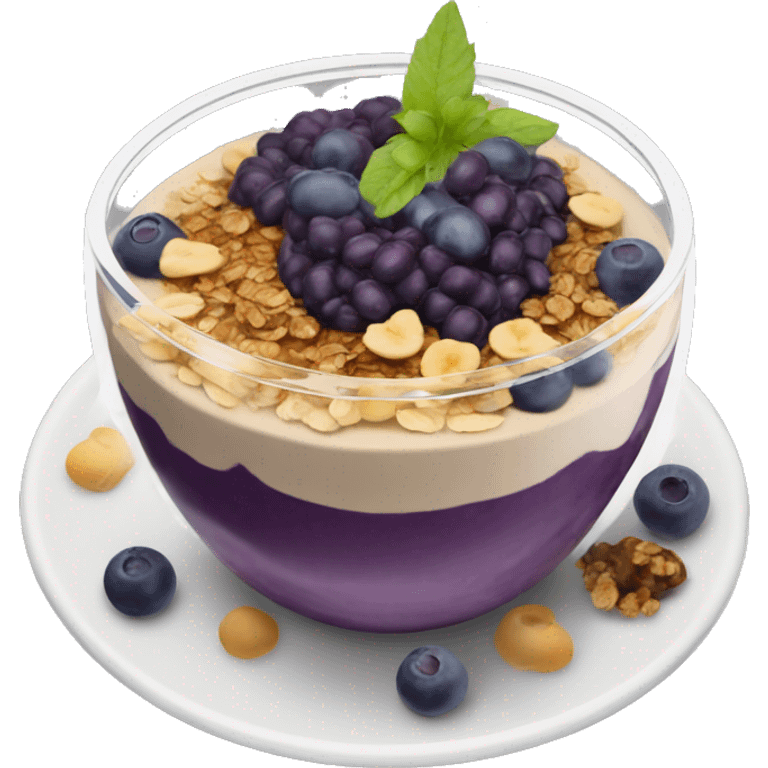 Açaí in a clear cup with layers of fruits and granola and condensed milk emoji