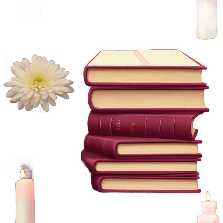 A maroon book stack adorned with ruby-red chrysanthemums and a candle emoji