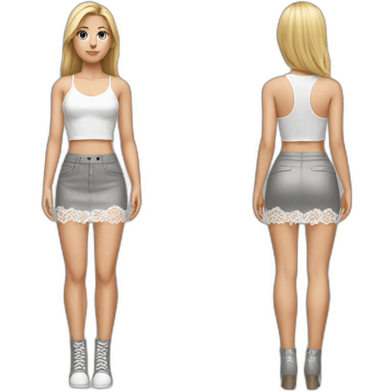 hyperrealistic caucasian female, long straight blonde hair, white lace up crop top, grey mini skirt, body view emoji