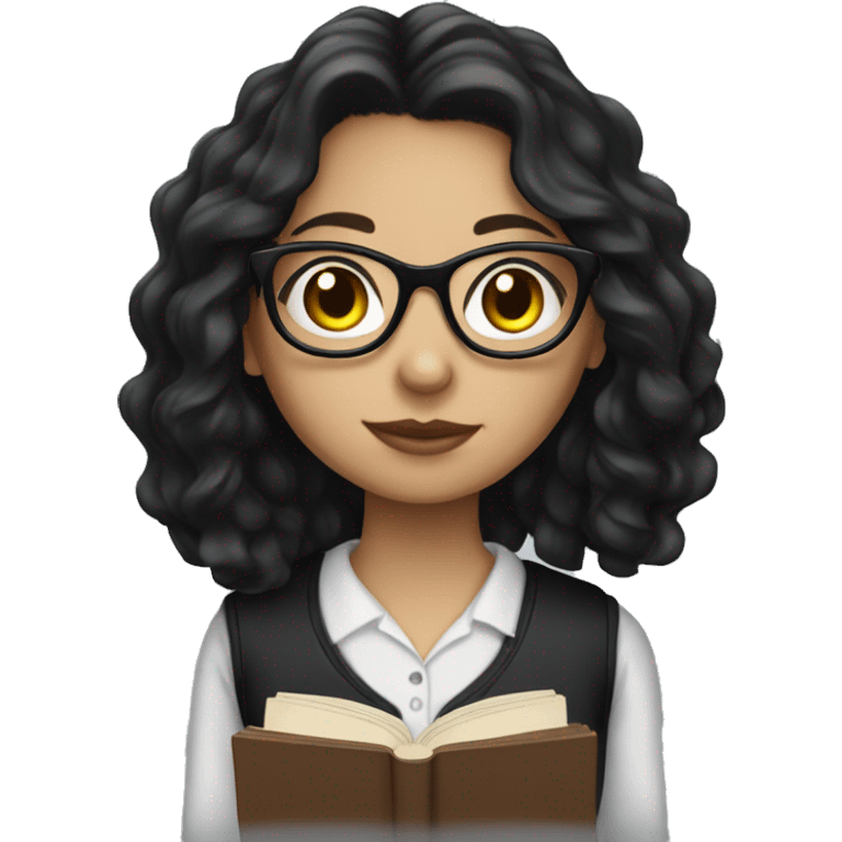 White girl with black wavy hair wearing glasses holding a book emoji