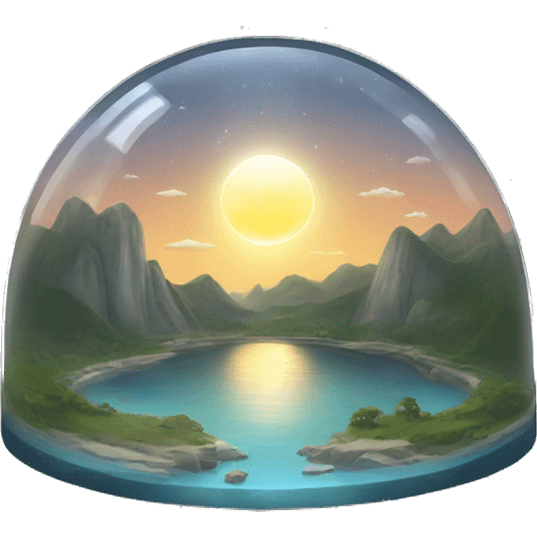 Semi circular glass dome with the sun and moon inside and land and water on the bottom emoji