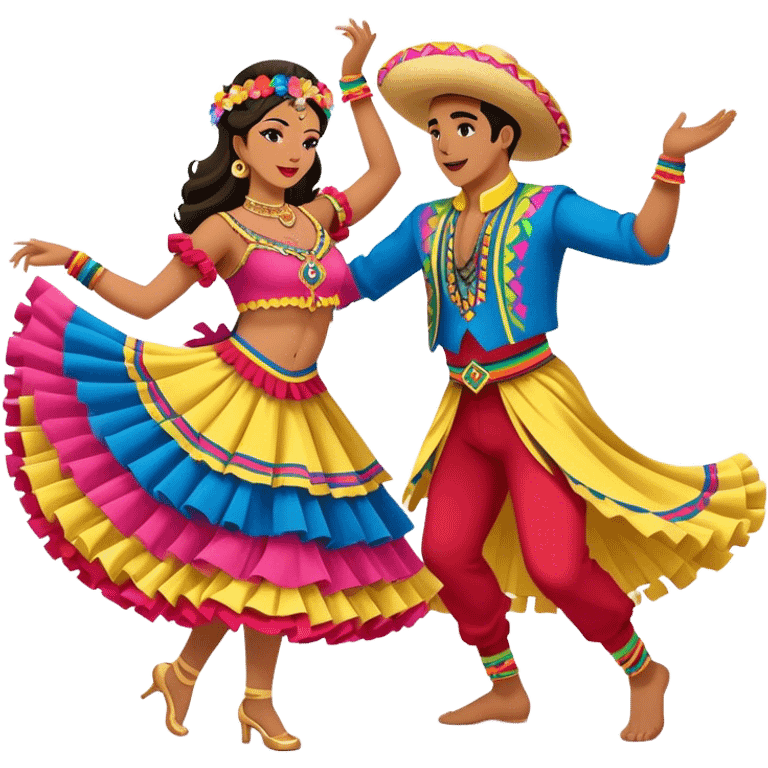 Cinematic Realistic scene of two dancers performing Cumbia, adorned in colorful traditional Colombian costumes with intricate details, captured in rhythmic motion with lively, festive lighting emoji