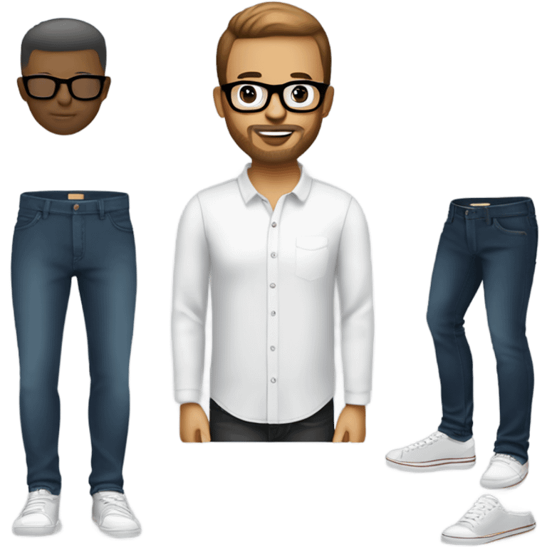 short hair, light beard, plain t-shirt or button-down shirt, dark jeans, and sneakers. Accessories include a smartwatch and modern glasses, with a minimalist, practical style that balances comfort and professionalism. emoji