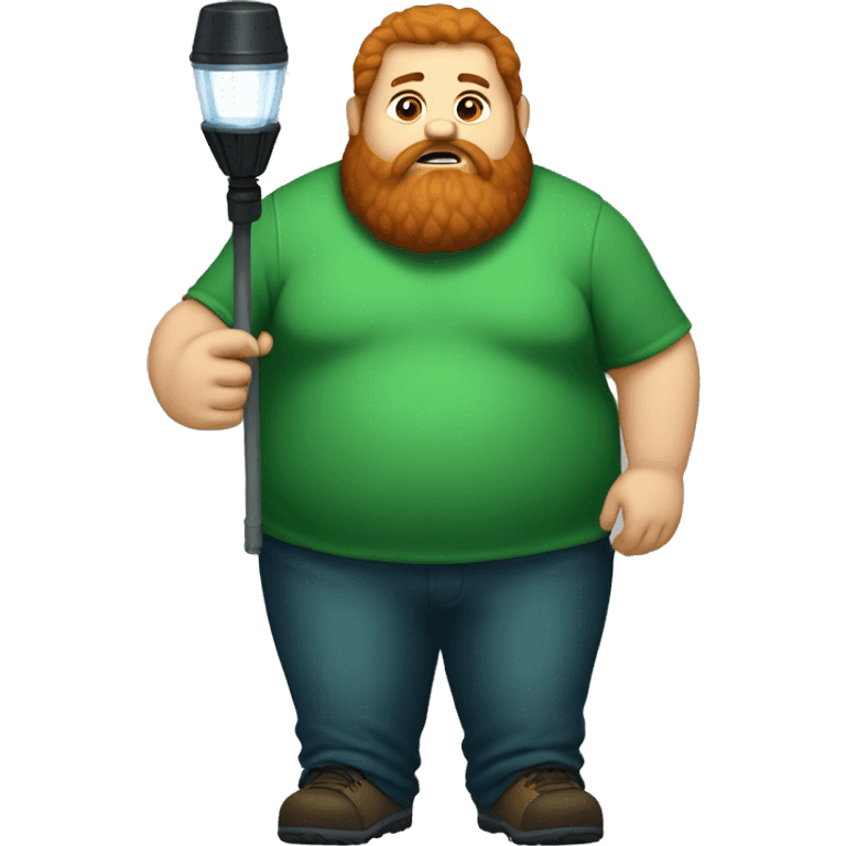 caseoh, man, very fat, 500lbs, red hair, long beard, full body, holding a flashlight, green background emoji