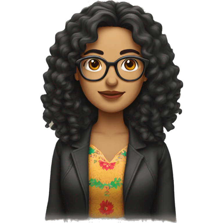 Mexican woman with long curly hair and glasses emoji