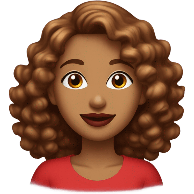 Light brown lady smiling, medium brown long curly hair, bright red lips, eyelashes, wearing red “happy Valentine’s Day” t shirt emoji