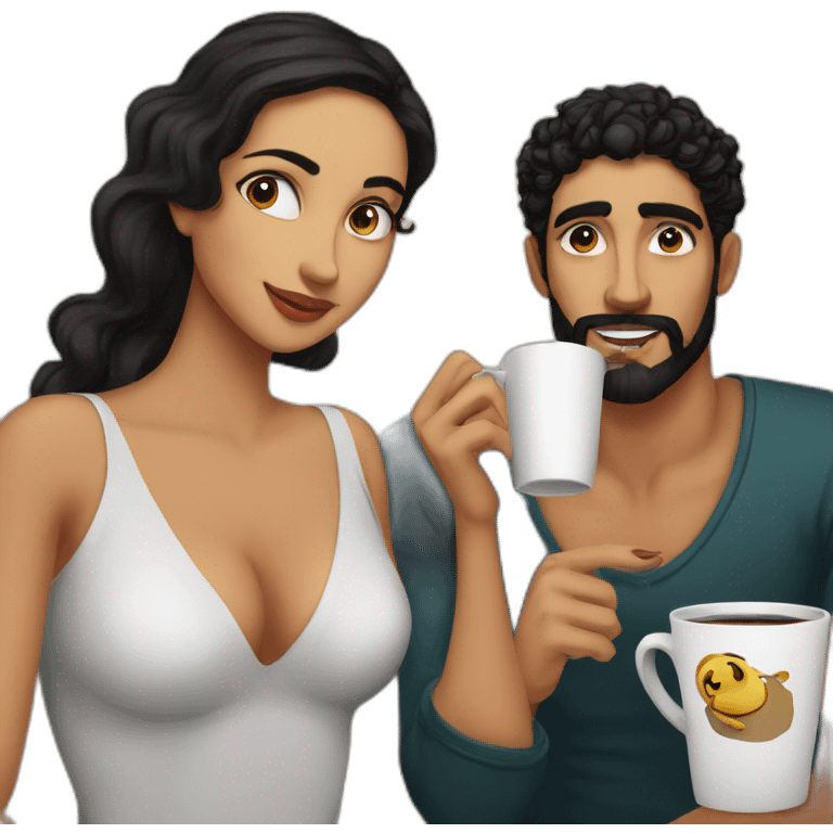 A woman in her twenties of Moroccan ethnicity with large black eyes, a small nose and long curly black hair, close-up of her face drinking coffee, with a bald, bearded man next to her. emoji