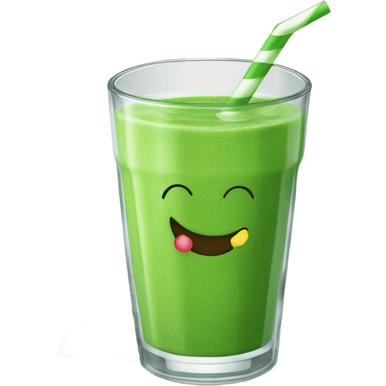 Generate a bright green smoothie emoji in a glass cup with a straw, decorated with a mint leaf and a smile. emoji