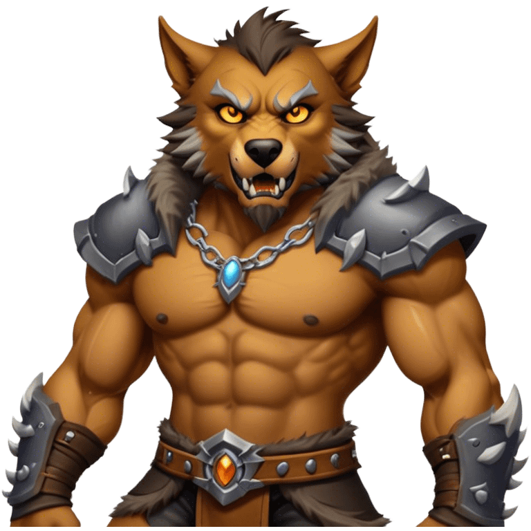 Cinematic Realistic WoW Worgen Portrait, captured in a dynamic, battle-ready stance, muscles rippling beneath his wild fur and tanned skin. His fierce, amber eyes and determined features, set against consistently detailed, worn leather attire, are rendered with dramatic natural lighting and high shine, embodying the raw, relentless fury of a worgen warrior in combat. emoji