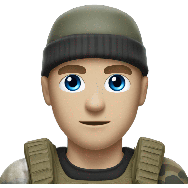 White male, call of duty black mask, camo tactical gear, combat boots, black beanie, blue eyes emoji