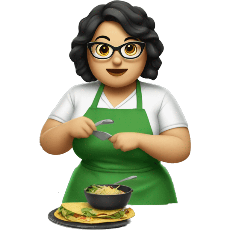 chubby lady with black hair green apron  with glasses cooking tacos emoji