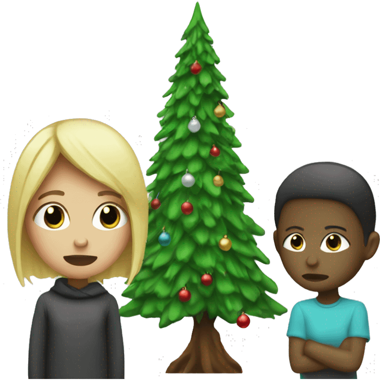 Blonde girl crying next to skinny Christmas tree emoji