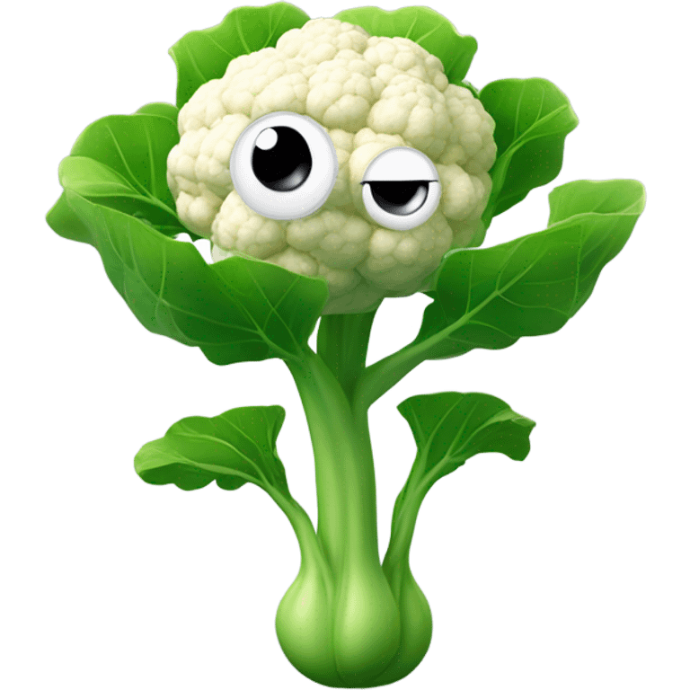 3D cauliflower character with big eyes 👀, a few green leaves 🍃, and leafy hands holding a small mirror 🪞 while gazing into it. The character is floating in the air, no legs visible. emoji