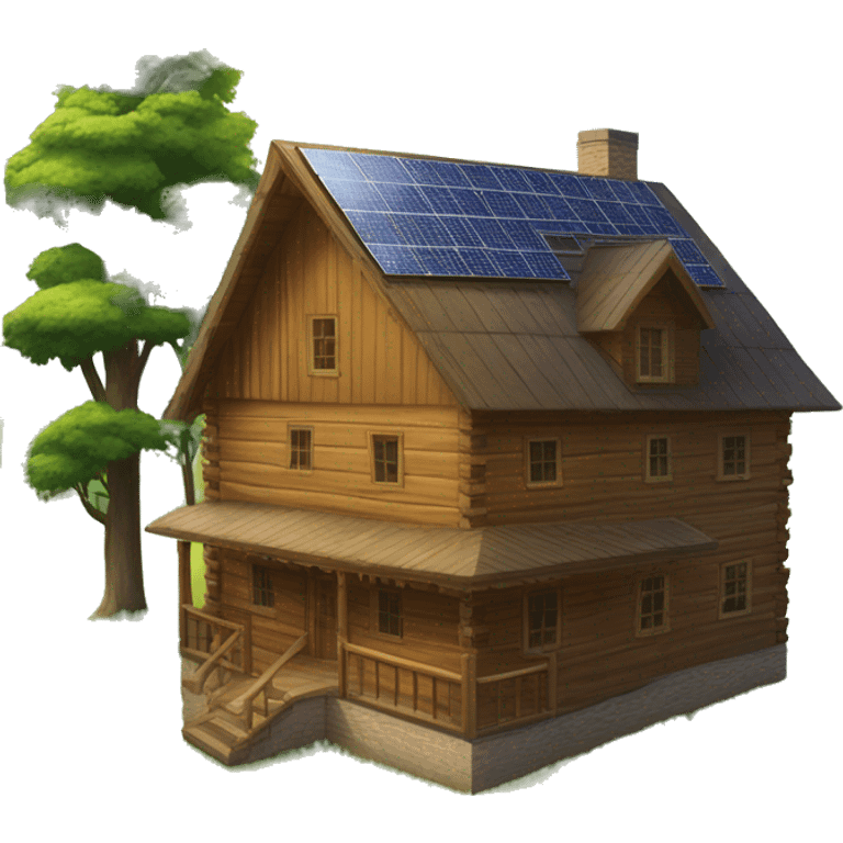 Very big Wood Cabin near tree, 5 stories tall solar, grass fields emoji