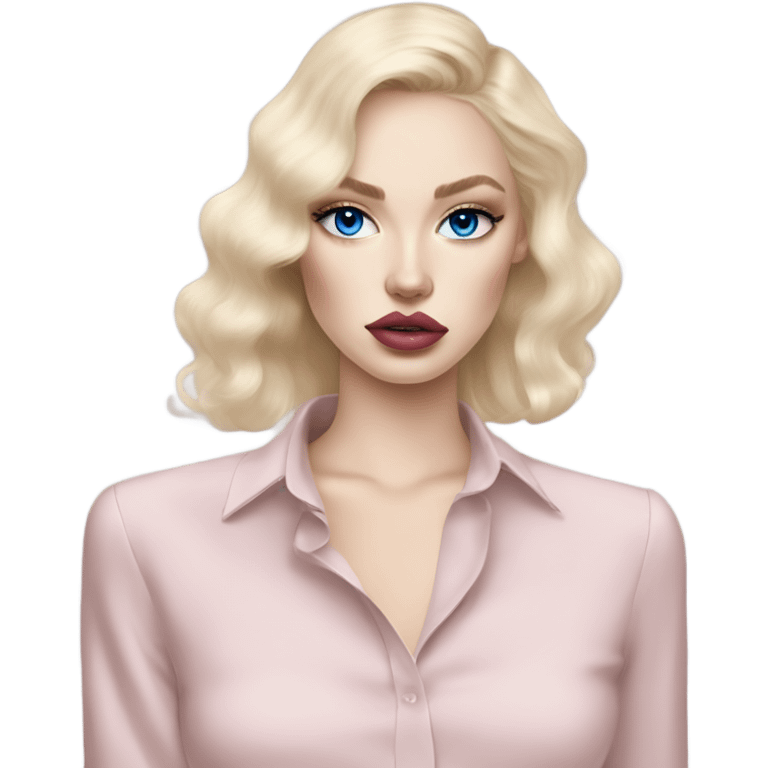 Hot girly pale blonde with blue eyes and light pink lips wearing YsL. Puffed sleeve shirt emoji