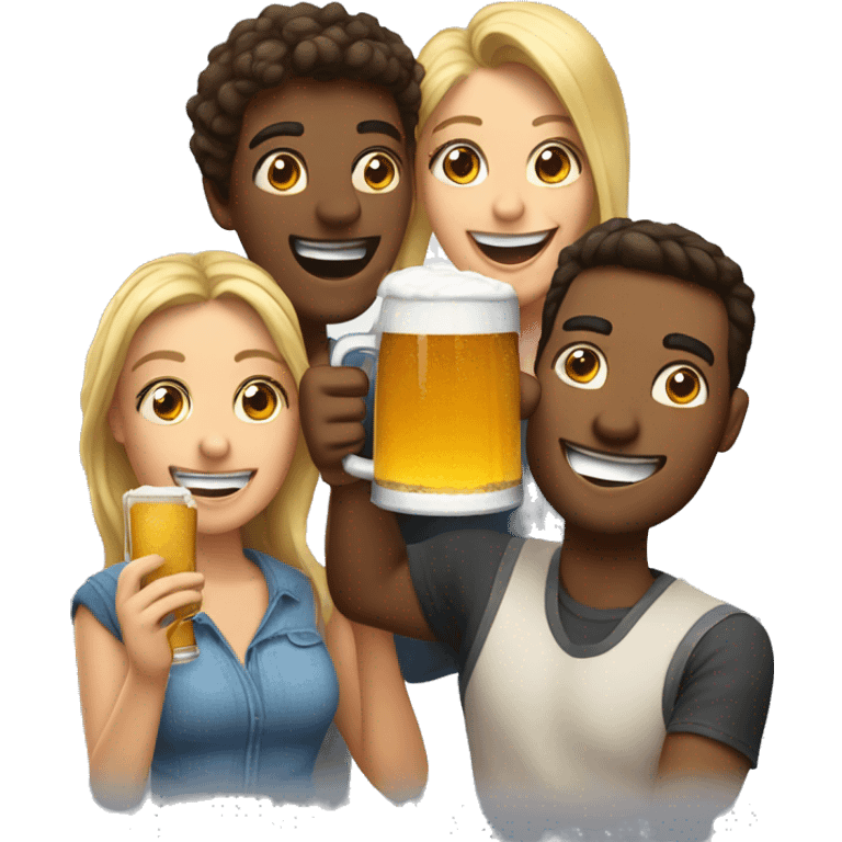 A group of 4 friends, two men and two women, having fun with beer in their hand emoji