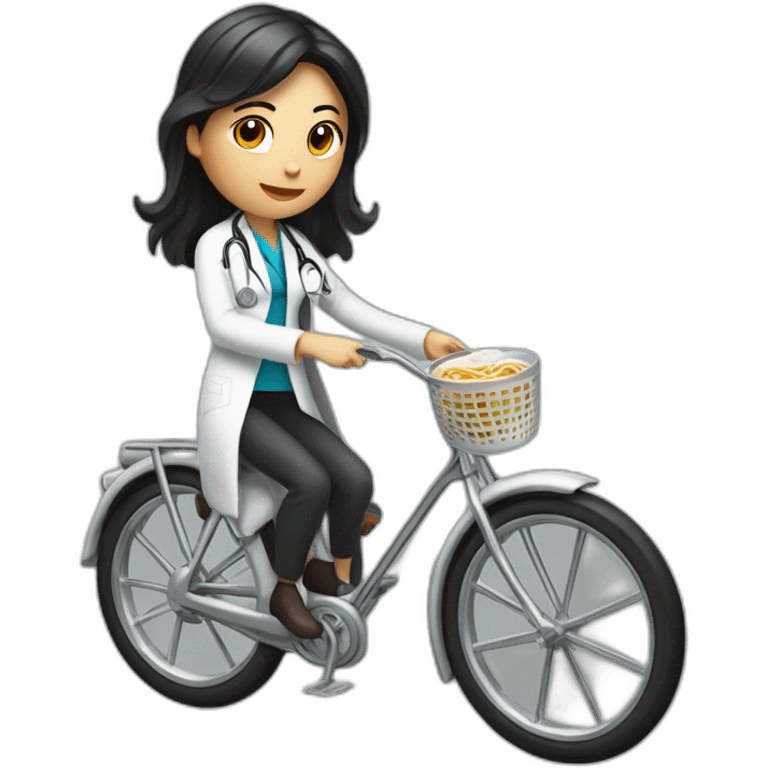 long and dark hair female doctor with a ramen bowl in her hand and riding a chrome bicycle emoji