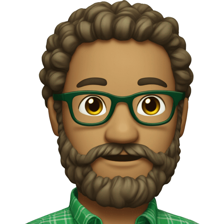 An emoji of a man with curly hair tied into a bun, wearing green prescription glasses. He also has a long beard and is wearing a green plaid shirt. emoji