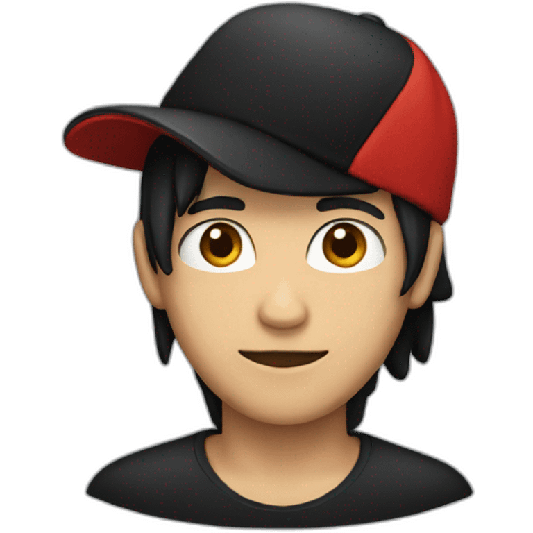 A person with black hair, a red hat, a black shirt, and a skull  emoji