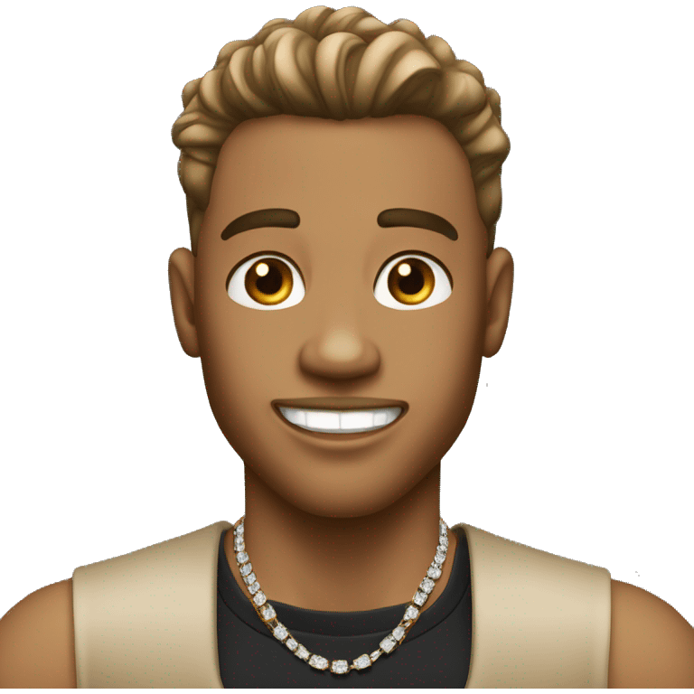 tan male with a hair fade wearing a black shirt wearing diamond chain with diamond grillz emoji