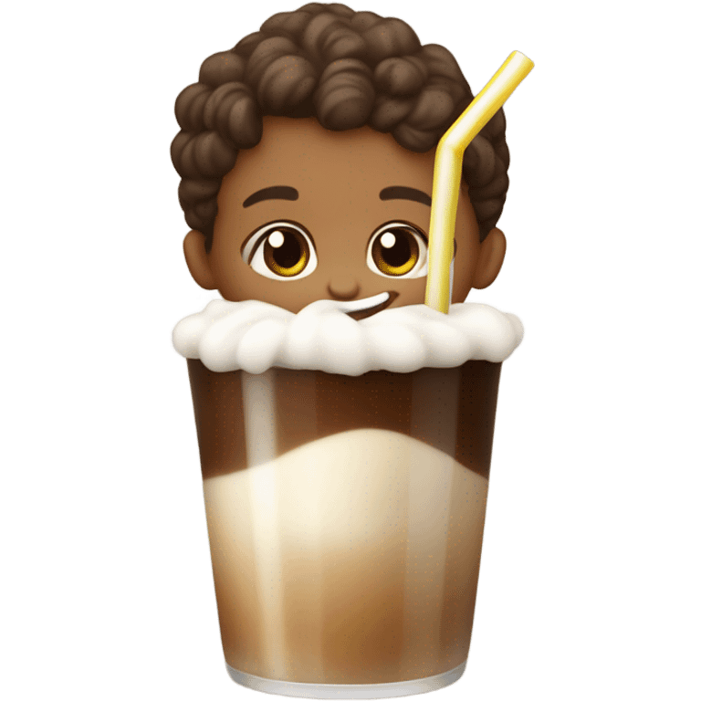 Toddler with root beer emoji